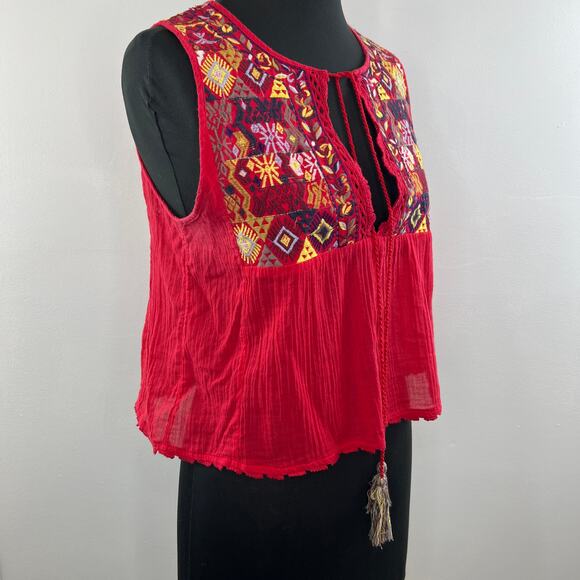 Free People Lohri Red Embroidered Tie Keyhole Neck Tassel Boho Tank Top Size XS - Picture 2 of 6